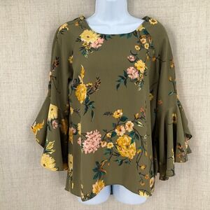 Lauren Conrad Olive Floral Garden Bell Sleeve Blouse Split Back Top Sz S Boho